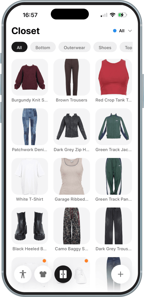 The Sleev closet screen with digitised tops, trousers and shoes