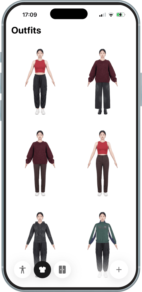 A grid of saved Sleev outfits shown on the avatar